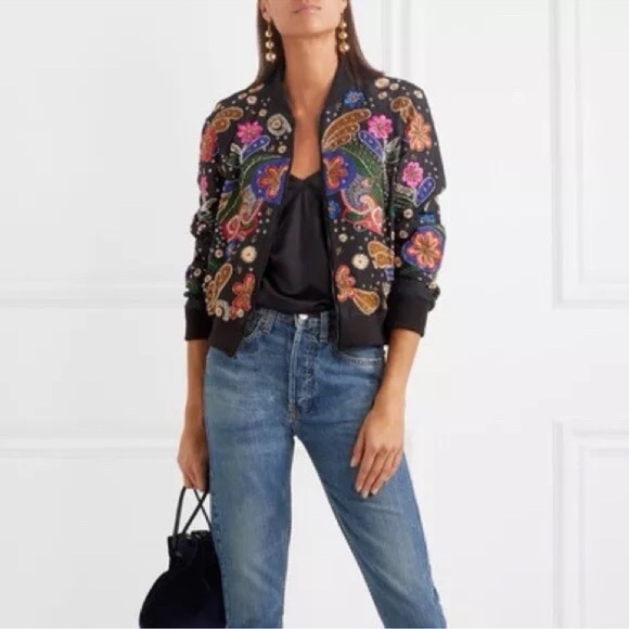 Alice + Olivia Jackets & Blazers - Alice + Olivia Black Floral Embroidered Bomber Jacket